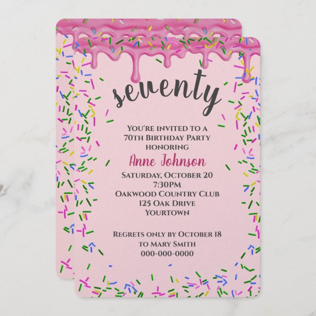 Convites 70 Birthday Pink Iching E Sprinkles (Frente/Verso)