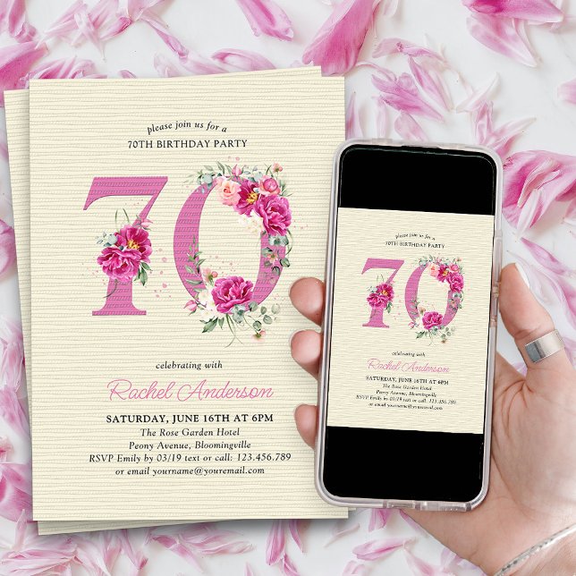 Convites 70 Birthday Pink Peony Floral Número 70 (70th Birthday Invitation with pink floral number 70 - elegant vintage design with roses and peonies)