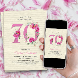 Convites 70 Birthday Pink Peony Floral Número 70