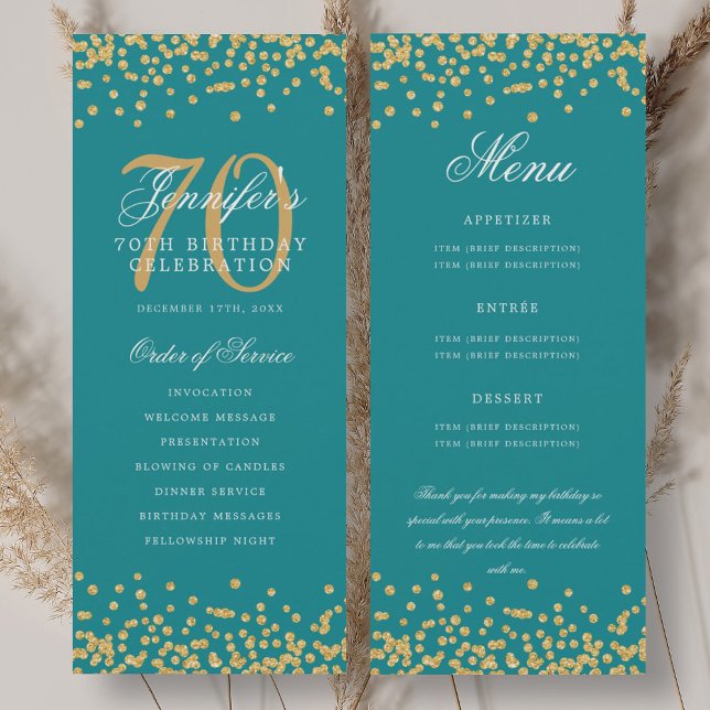 Convites 70 Birthday Program Menu Obrigado Teal Dourado (70th Birthday Program Menu Thank You Gold Teal)