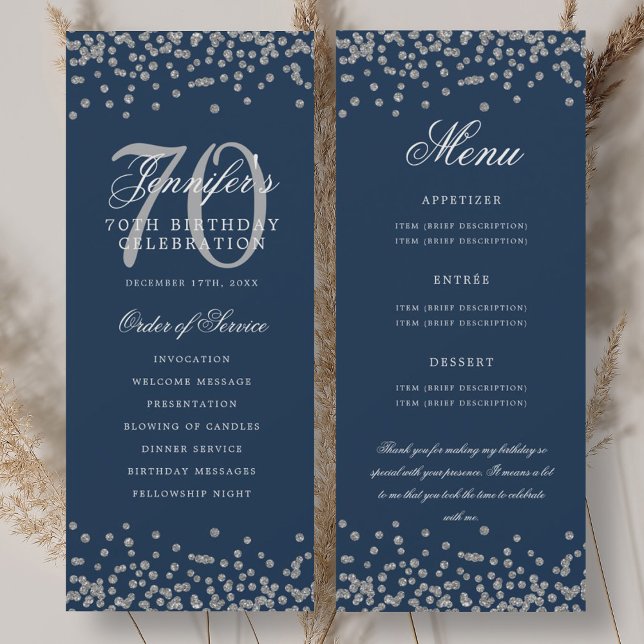 Convites 70 Birthday Programa Menu Obrigado U Marinho Silve (70th Birthday Program Menu Thank U Silver Navy )