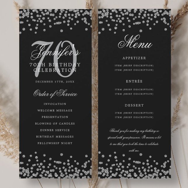 Convites 70 Birthday Programa Menu Obrigado U Silver Black (70th Birthday Program Menu Thank U Silver Black)