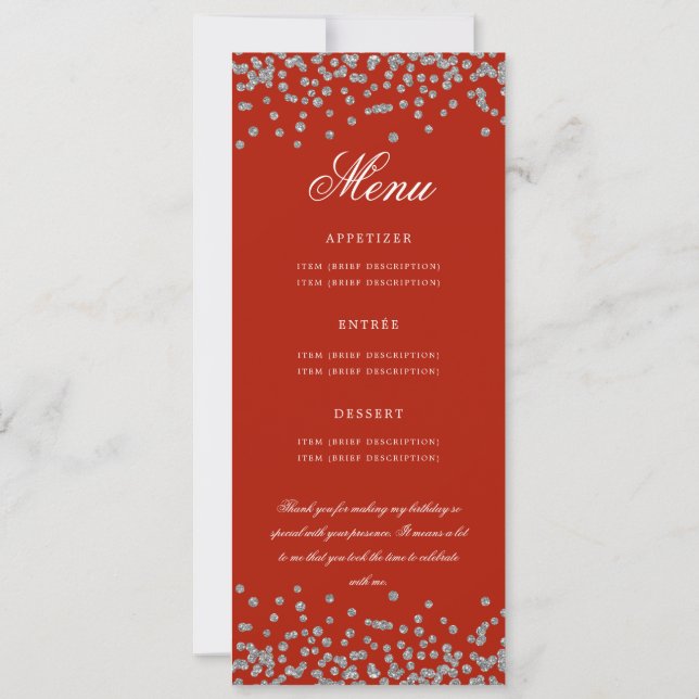 Convites 70 Birthday Programa Menu Obrigado U Silver Vermel (Verso)