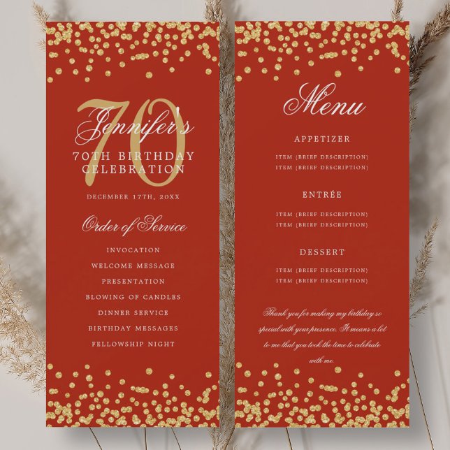 Convites 70 Birthday Programa Menu Obrigado Vermelho Dourad (70th Birthday Program Menu Thank You Gold Red )