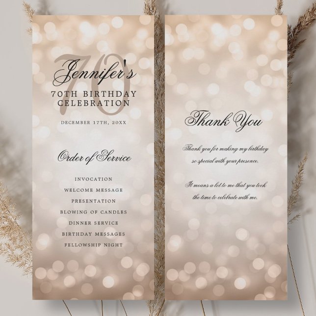 Convites 70 Birthday Programa Rosa do Dourado Bokeh com agr (70th Birthday Program Rose Gold Bokeh w/ Thank You)