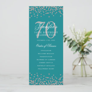 Convites 70 Birthday Programa Silver Confetti Teal