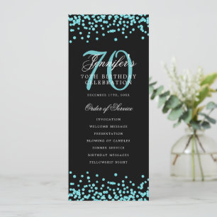 Convites 70 Birthday Programa Teal Confetti Menu Preto