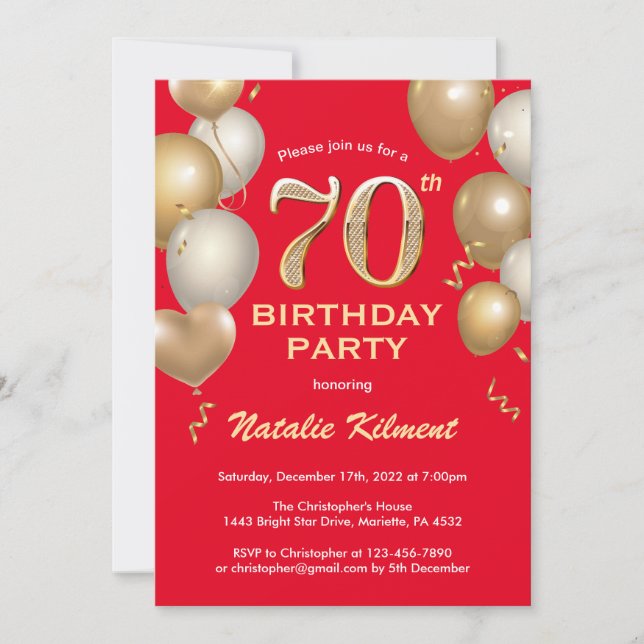 Convites 70 Birthday Red and Dourado Glitter Balloons (Frente)