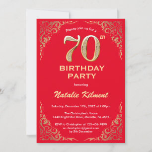 Convites 70 Birthday Red and Dourado Glitter Frame