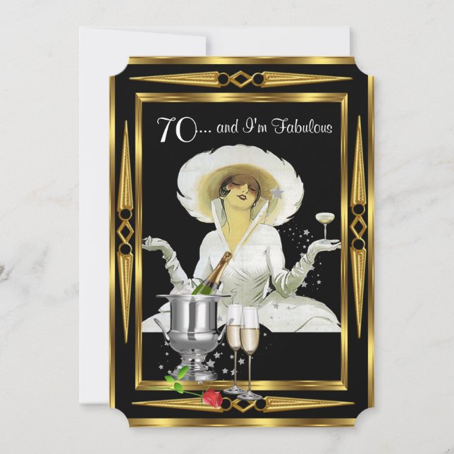 Convites 70 Birthday Retro Diva Art Deco Black Dourado (Frente)