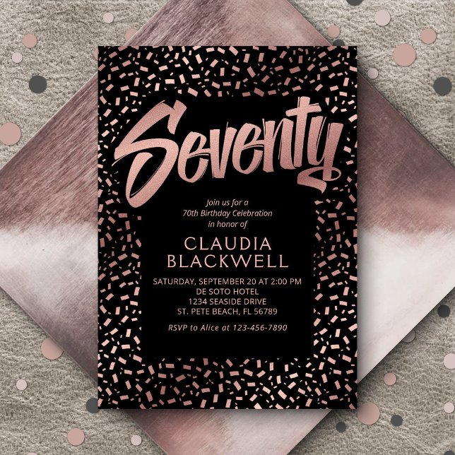 Convites 70 Birthday Rosa Dourada Confetti (Criador carregado)
