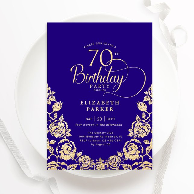Convites 70 Birthday - Rosas Dourados Roxos (Criador carregado)