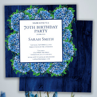 Convites 70 Birthday Rustic Wood Blue Hydrangeas Party