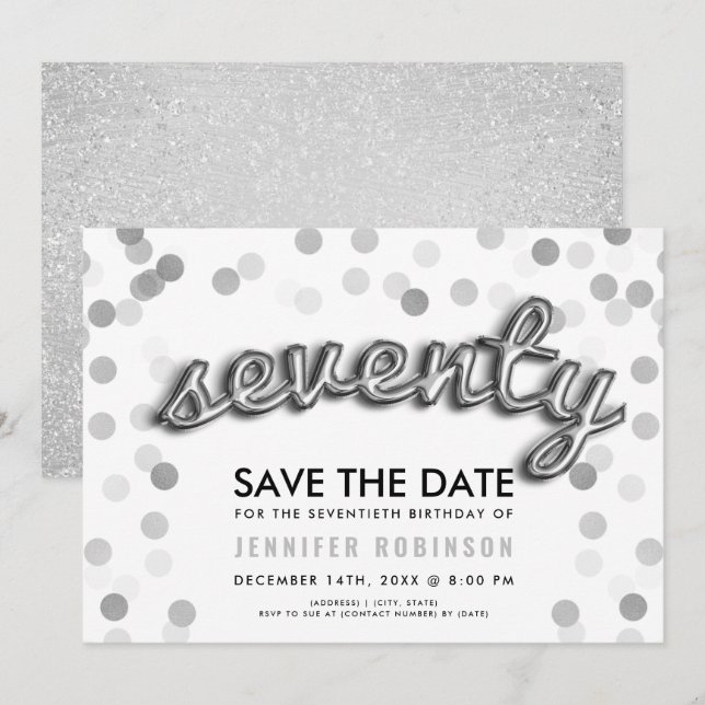Convites 70 Birthday Silver Balloon Glitter Salvar Data (Frente/Verso)