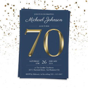 Convites 70 Birthday Solid Dourado Texto Marinho Azul Cláss