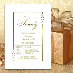 Convites 70 Birthday White com Dourado Frame Party