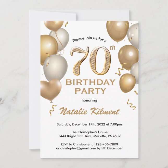 Convites 70 Birthday White e Dourado Balões de Leve (Frente)