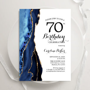 Convites 70 Branco Dourado de Agate Azul marinho Aniversári