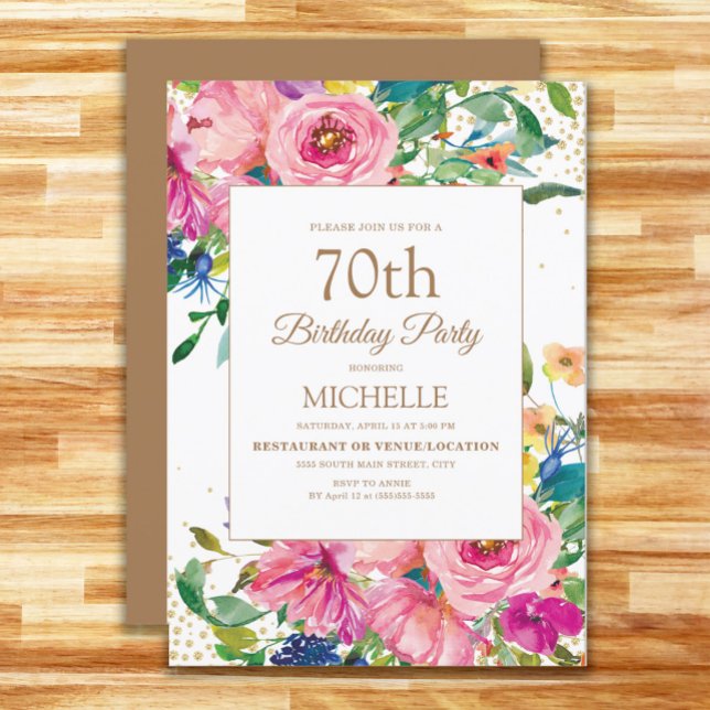 Convites 70 Brilhante Dourado Amarelo Cor-de-rosa - Anivers (Pink, yellow, blue floral women's 70th birthday party invitation)