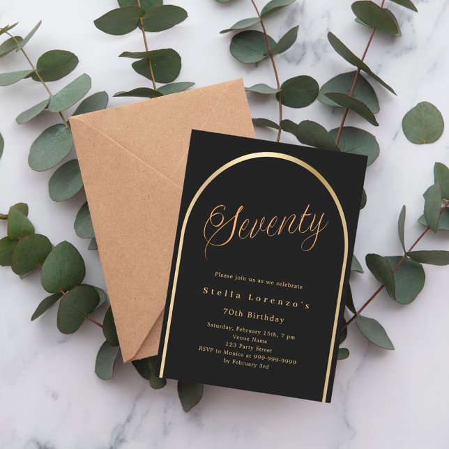 Convites 70 de aniversário arco preto dourado elegante (Criador carregado)