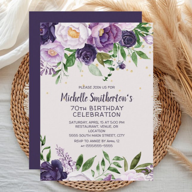 Convites 70 de Aniversário com Glitter Floral Roxo (Elegant purple watercolor floral women's 70th birthday party invitation)