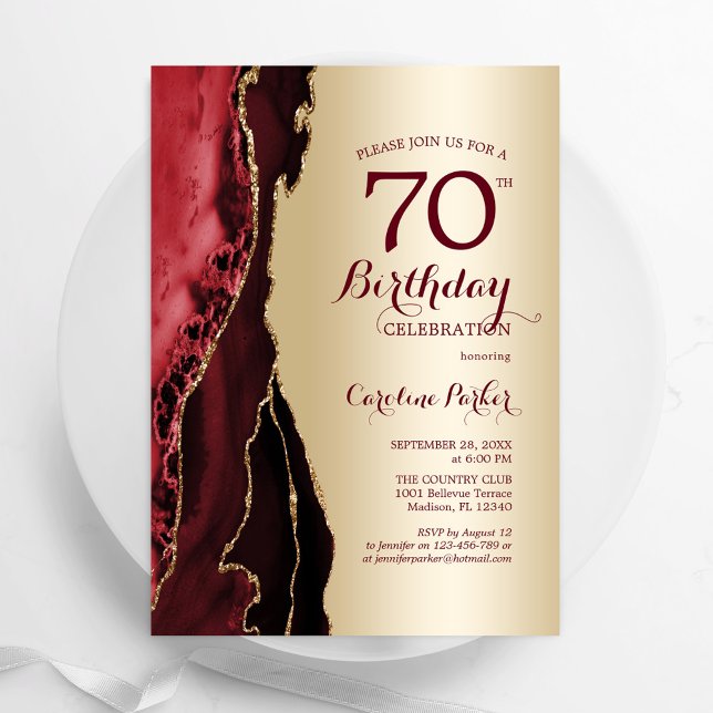 Convites 70 de aniversário da Elegante Dourada Burgundy Ver (Criador carregado)