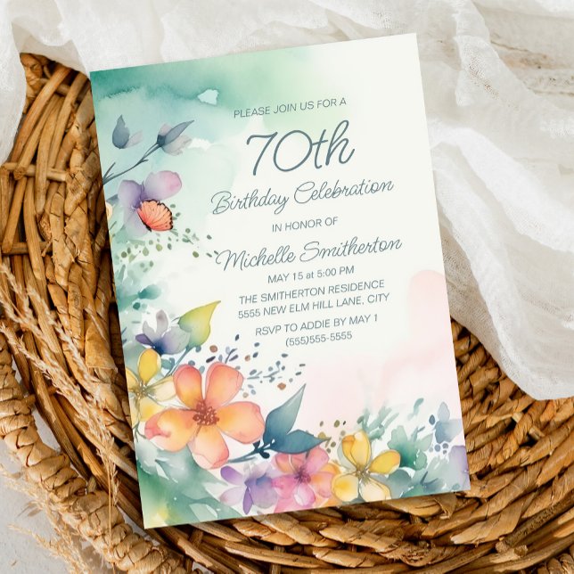 Convites 70 de Aniversário do Pastel Amarelo-Teal (Spring watercolor floral on teal 70th birthday party invitation)