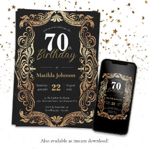 Convites 70 de Aniversário Dourado Elegante de Boho Negro