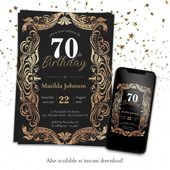 Convites 70 de Aniversário Dourado Elegante de Boho Negro (Glamorous 70th Birthday Gold Black Boho Elegant Invitation)