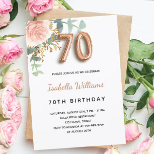 Convites 70 de aniversário rosa de ouro floral eucalipto ve