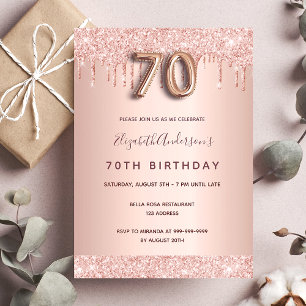 Convites 70 de aniversário rosa dourado brilho rosa