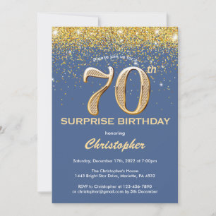 Convites 70 de Aniversário Surpresa Azul e Glitter Dourado