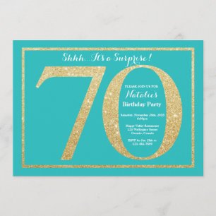 Convites 70 de Aniversário Surpresa Teal e Glitter Dourado
