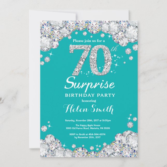 Convites 70 de Aniversário Surpresa Teal e Silver Diamond (Frente)