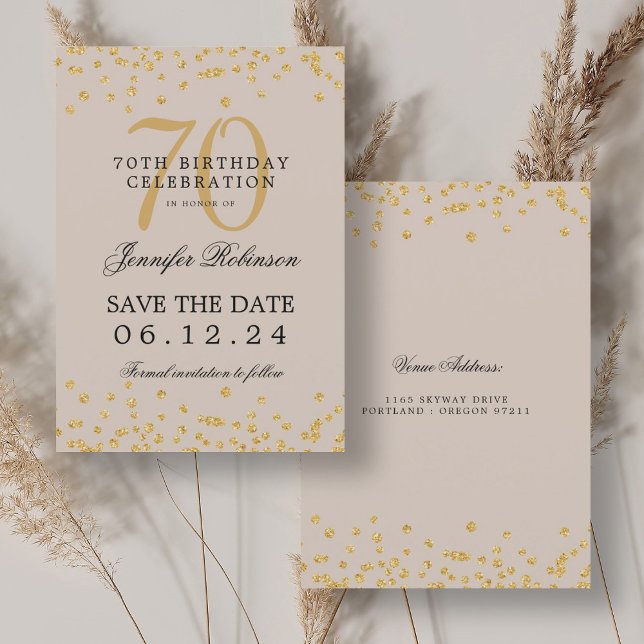 Convites 70 de Champanhe Dourado - Data de Salvamento de An (Gold Champagne 70th Birthday Save Date Confetti Invitation)