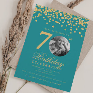 Convites 70 de Foto Elegante Turquesa Dourada de Aniversári