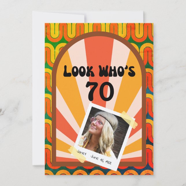 Convites 70 de Foto Retro Hippie Psychedelic 60's Birthday (Frente)
