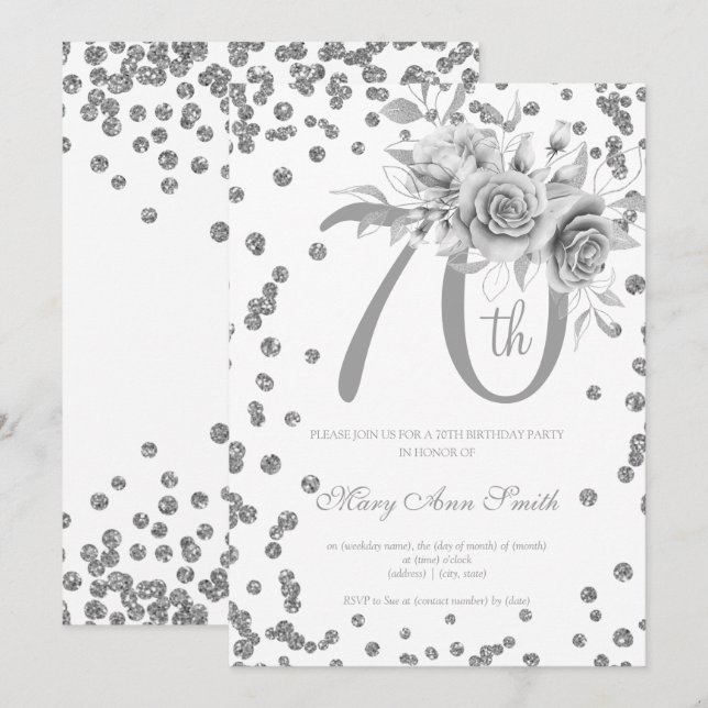 Convites 70 de Silver Floral e Confetti (Frente/Verso)