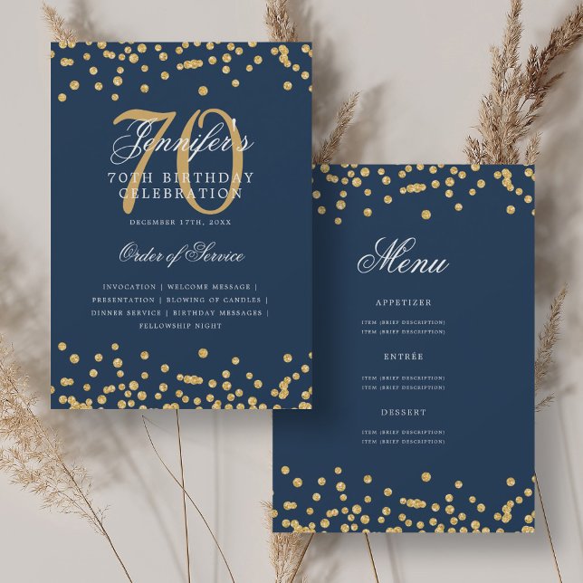 Convites 70 do Programa de Aniversário do Elegente Azul Mar (Elegant 70th Birthday Program Menu Gold Navy Blue)