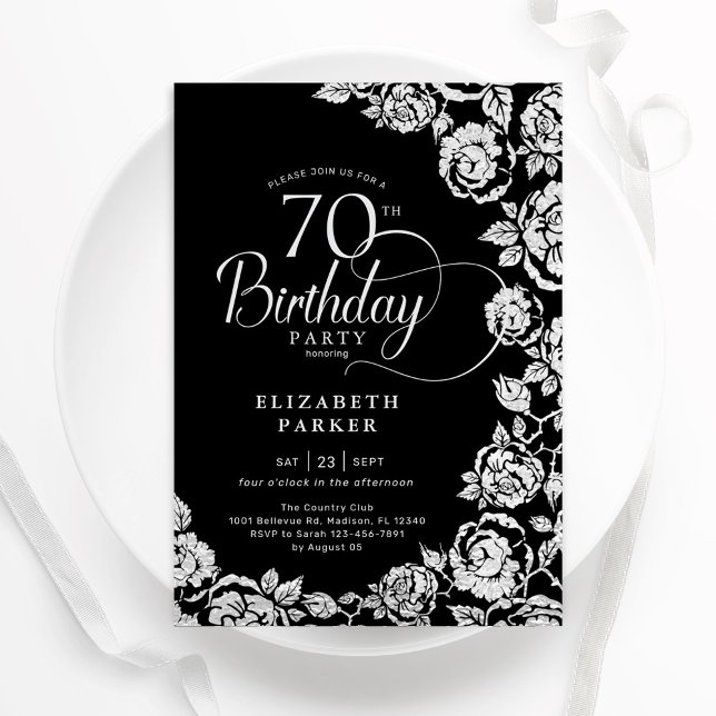 Convites 70 Elegante Rosas de Prata Negra de Aniversário (Criador carregado)