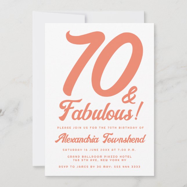 Convites 70 & Fabuloso Laranja Script Aniversário de 70 ano (Frente)