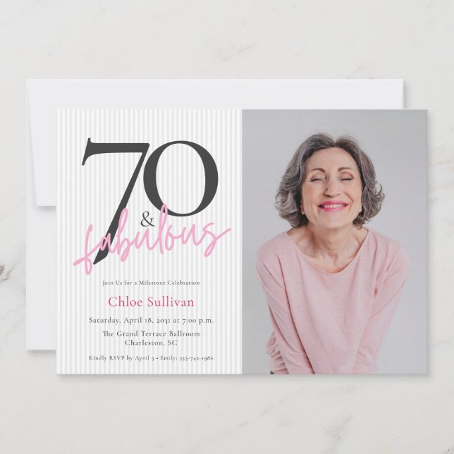 Convites 70 & Fabulous Photo Pink Script Birthday Party (Frente)