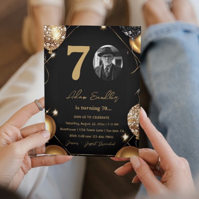 Convites 70 festa de aniversário com balões e brilho (Criador carregado)