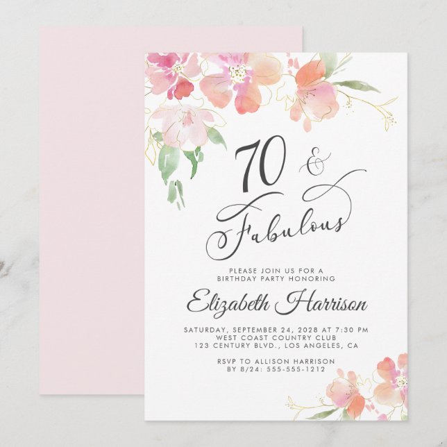 Convites 70 Festa de aniversário de Aquarela Floral Cor-de- (Frente/Verso)