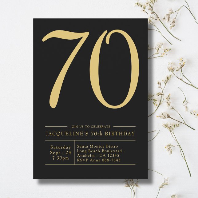 Convites 70 Festa de aniversário Negrito 70 Preto Dourado (70th birthday invitation. Bold black and gold party invites on a light background)