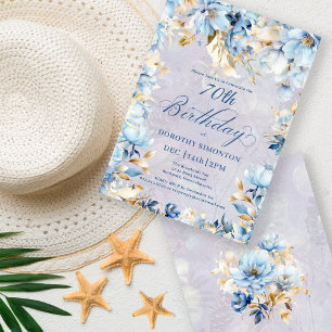 Convites 70 Floral de Floreal Azul Lush White Aniversário