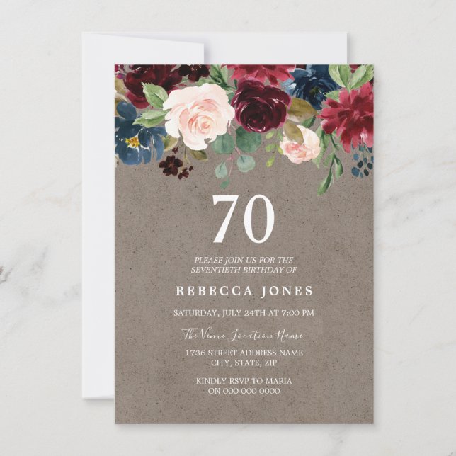 Convites 70 Floral de Vinho Vermelho (Frente)