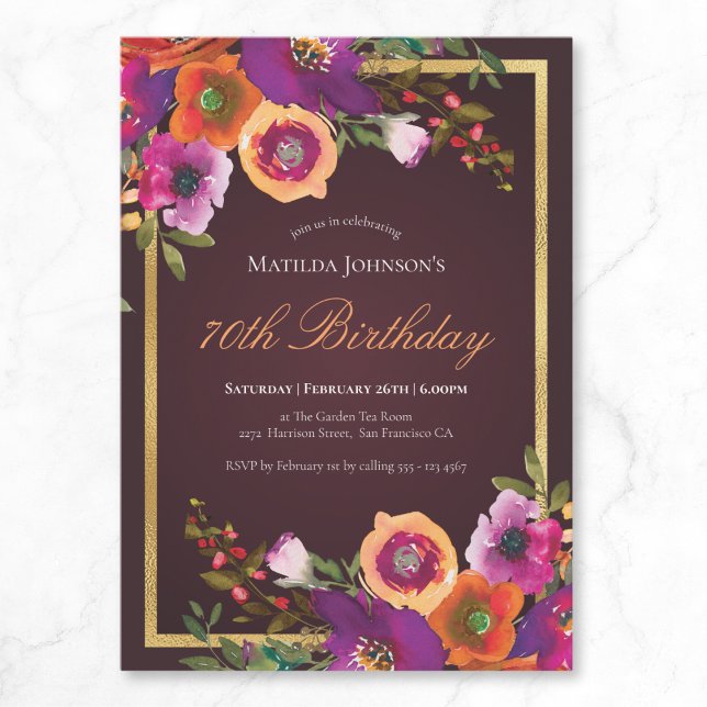 Convites 70 Floral Fall Burgundy (Floral Fall Burgundy 70th Birthday Party Invitation)