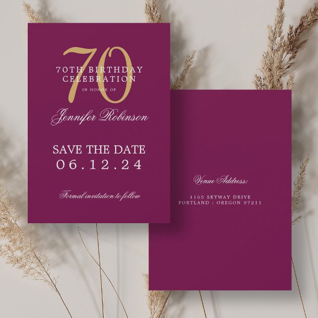 Convites 70 Magenta Dourada Aniversário Guarde a Data (Gold Magenta 70th Birthday Save the Date Invitation)