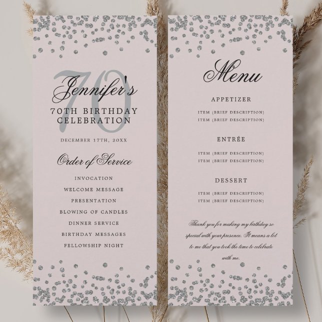 Convites 70 Menu do Programa de Aniversário Obrigado U Silv ( 70 Birthday Program Menu Thank U Silver Blush Pink)